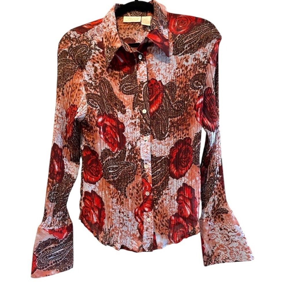 Caviar Womens Large Red Brown Floral Paisley Roses Button Down Shirt Flared Cuff